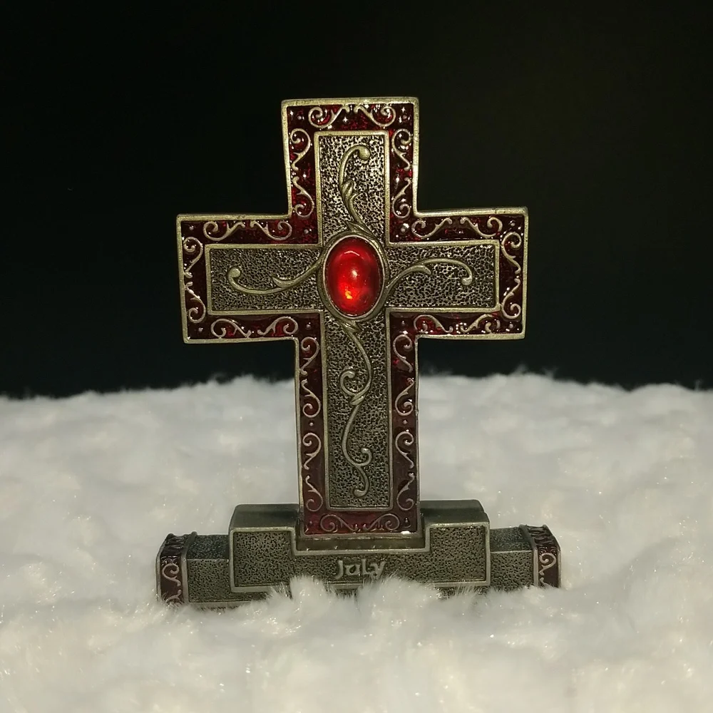 Ornate Pewter 2003 "July" Birthday Ruby Red Gemstone Standing Cross Statue - Picture 2 of 11